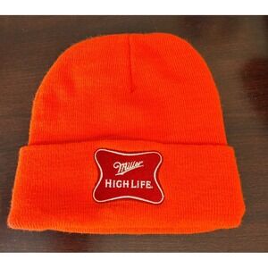 Miller High Life HUNTING ORANGE Knit Cap Hat Square Label Patch Cuff Beanie